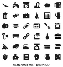 Flat vector icon set - scoop vector, sponge, trash bin, plates, water tap, pan, kettle, oil, measuring cup, scales, towel, skimmer, rolling pin, jug, egg, copybook, case, table lamp, alarm clock