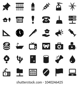 Flat vector icon set - scoop vector, water drop, window cleaning, bath, liquid soap, house hold, sink, toaster, blender, corner ruler, pen, schedule, paper pin, flag, exam, clock, bottle, attention
