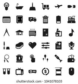 Flat vector icon set - scoop vector, sponge, trash bin, window cleaning, bath, toilet brush, blender, drawing compass, student, music, exchange, safe, jump rope, sports nutrition, calendar, plane