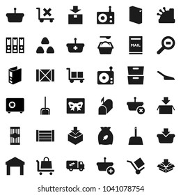 Flat vector icon set - scoop vector, washing powder, cereal, pasta, archive, binder, safe, wood box, cargo, no trolley, warehouse, package, search, radio, mailbox, relocation truck, gift, cashbox