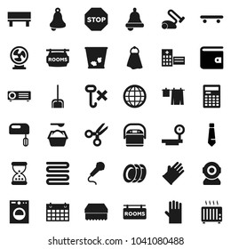 Flat vector icon set - scoop vector, sponge, towel, trash bin, drying clothes, washing powder, rubber glove, plates, bell, calculator, scissors, wallet, tie, skateboard, calendar, no hook, bench