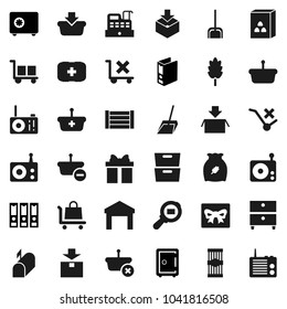 Flat vector icon set - scoop vector, cereal, pasta, archive, binder, safe, first aid kit, wood box, cargo, no trolley, warehouse, package, search, radio, mailbox, gift, cashbox, basket