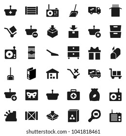 Flat vector icon set - scoop vector, cereal, pasta, archive, binder, first aid kit, wood box, cargo, no trolley, warehouse, package, search, radio, relocation truck, mailbox, gift, cashbox, basket