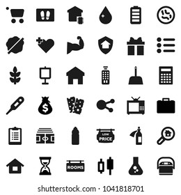 Flat vector icon set - scoop vector, water drop, splotch, welcome mat, calculator, presentation, flask, japanese candle, money bag, case, sand clock, stadium, clipboard, muscule hand, bottle, breads