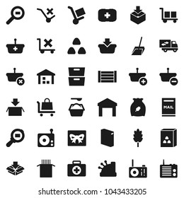 Flat vector icon set - scoop vector, washing powder, cereal, pasta, archive, first aid kit, wood box, cargo, no trolley, warehouse, package, search, radio, mailbox, relocation truck, gift, cashbox