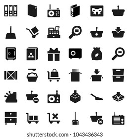 Flat vector icon set - scoop vector, washing powder, cereal, pasta, archive, binder, safe, wood box, cargo, no trolley, package, search, radio, gift, cashbox, basket