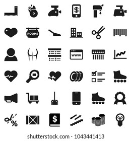 Flat vector icon set - scoop vector, plates, corner ruler, medal, exam, graph, coin stack, annual report, heart pulse, buttocks, roller Skates, stairways run, wood box, cargo, search, barcode, hub