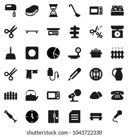 Flat vector icon set - scoop vector, sponge, drying clothes, garbage pile, pan, kettle, ladle, jug, scissors, document, pie graph, clock, sand, skateboard, signpost, big scales, microphone, bench