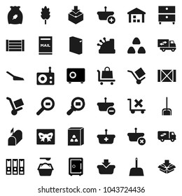 Flat vector icon set - scoop vector, washing powder, cereal, archive, binder, safe, wood box, cargo, no trolley, warehouse, package, search, radio, mailbox, relocation truck, gift, cashbox, basket
