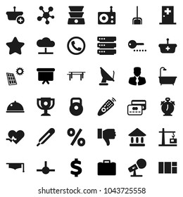 Flat vector icon set - scoop vector, dish, graduate hat, alarm clock, award cup, university, manager, case, presentation board, dollar sign, weight, horizontal bar, microphone, radio, remote control