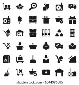 Flat vector icon set - scoop vector, cereal, pasta, archive, binder, first aid kit, cargo, no trolley, warehouse, package, search, radio, relocation truck, mailbox, gift, cashbox, basket