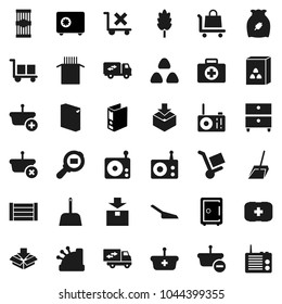 Flat vector icon set - scoop vector, washing powder, cereal, pasta, archive, binder, safe, first aid kit, wood box, cargo, no trolley, package, search, radio, relocation truck, cashbox, basket