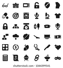 Flat vector icon set - scoop vector, splotch, washer, sink, scales, knife, microwave oven, bbq, university, glasses, microscope, certificate, exchange, japanese candle, hierarchy, buttocks, pills