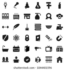 Flat vector icon set - scoop vector, liquid soap, cleaning agent, colander, scales, towel, spices, pen, backpack, atom, bell, medal, magnet, flask, exam, binder, barbell, stadium, protected, tv
