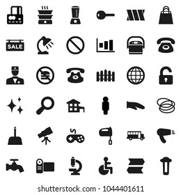 Flat vector icon set - scoop vector, water tap, shining, cook glove, mixer, telescope, table lamp, school bus, graph, credit card, man, prohibition sign, no fastfood, hoop, gamepad, classic phone
