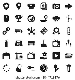 Flat vector icon set - scoop vector, cleaning agent, house hold, award cup, medal, school bus, molecule, constellation, dollar coin, traffic light, tulip, weight, big scales, link, play button, pin