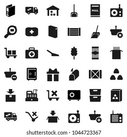 Flat vector icon set - scoop vector, washing powder, cereal, pasta, archive, binder, safe, first aid kit, wood box, cargo, no trolley, warehouse, package, search, radio, mailbox, relocation truck