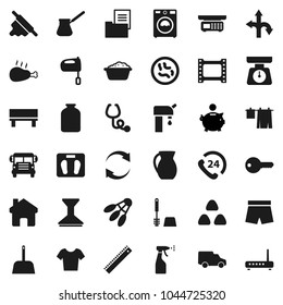 Flat vector icon set - scoop vector, car fetlock, drying clothes, toilet brush, washer, foam basin, sprayer, scales, rolling pin, turk coffee, mixer, jug, jar, cereal, chicken leg, ruler, school bus