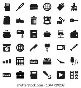 Flat vector icon set - scoop vector, sponge, trash bin, rubber glove, pan, ladle, knife, cutting board, copybook, case, bank building, calculator, snickers, sorting, play button, thermometer, globe