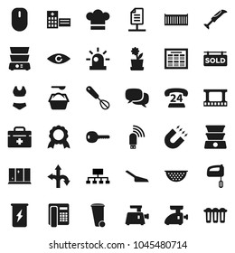 Flat vector icon set - scoop vector, trash bin, washing powder, shining window, colander, cook hat, whisk, double boiler, schedule, medal, magnet, hierarchy, swimsuite, enegry drink, route, phone 24