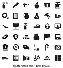 Flat vector icon set - scoop vector, toilet brush, sprayer, cook press, knife, toaster, jug, apple fruit, notebook pc, abacus, flag, flask, gold ingot, hierarchy, monitor dollar, measuring, snickers