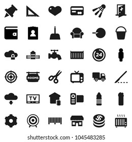 Flat vector icon set - scoop vector, bucket, water tap, cleaning agent, school building, corner ruler, paper pin, scissors, wallet, man, personal information, target, bottle, shuttlecock, tv, heart