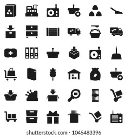Flat vector icon set - scoop vector, washing powder, cereal, pasta, archive, binder, first aid kit, wood box, cargo, warehouse, package, search, radio, relocation truck, gift, cashbox, basket