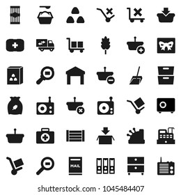 Flat vector icon set - scoop vector, washing powder, cereal, pasta, archive, binder, safe, first aid kit, wood box, cargo, no trolley, warehouse, search, radio, mailbox, relocation truck, gift