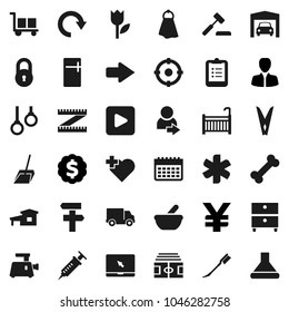 Flat vector icon set - scoop vector, clothespin, towel, car fetlock, clipboard, archive, manager, dollar medal, yen sign, measuring, stadium, calendar, heart cross, bone, gymnast rings, delivery