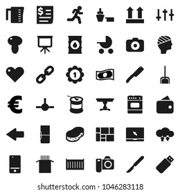 Flat vector icon set - scoop vector, sponge, measuring cup, knife, pasta, mushroom, presentation, cash, euro sign, medal, sports nutrition, run, sea container, receipt, port, consolidated cargo, top