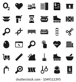 Flat vector icon set - scoop vector, plates, egg, ruler, annual report, sand clock, heart pulse, roller Skates, gymnast rings, oxygen, traffic light, wood box, cargo, search, Railway carriage, dna