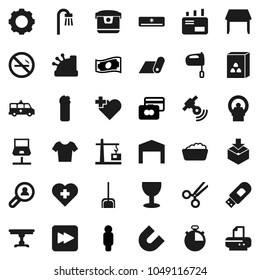 Flat vector icon set - scoop vector, foam basin, cleaning agent, mixer, cereal, magnet, credit card, cash, man, stopwatch, t shirt, fitness mat, no smoking, heart cross, glass, package, satellitie