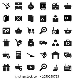 Flat vector icon set - scoop vector, washing powder, cereal, pasta, archive, binder, safe, first aid kit, wood box, cargo, no trolley, warehouse, package, search, mailbox, relocation truck, gift