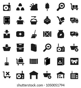 Flat vector icon set - scoop vector, washing powder, cereal, archive, binder, safe, first aid kit, wood box, cargo, no trolley, warehouse, package, search, radio, relocation truck, gift, cashbox