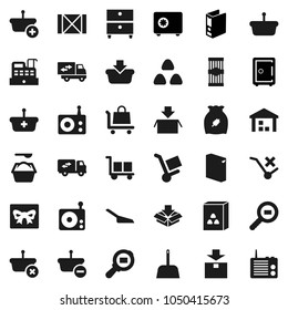 Flat vector icon set - scoop vector, washing powder, cereal, pasta, archive, binder, safe, wood box, cargo, no trolley, warehouse, package, search, radio, relocation truck, gift, cashbox, basket