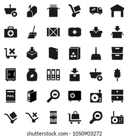 Flat vector icon set - scoop vector, washing powder, cereal, pasta, archive, binder, safe, first aid kit, wood box, cargo, no trolley, warehouse, package, search, radio, mailbox, relocation truck