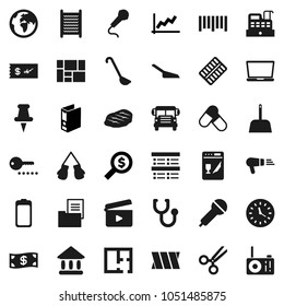 Flat vector icon set - scoop vector, washboard, ladle, steak, school bus, exam, university, graph, money search, binder, boxing glove, pills, earth, clock, consolidated cargo, barcode, cinema clap