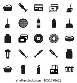 Flat vector icon set - scoop vector, foam basin, cleaning agent, blender, sieve, jar, credit card, water bottle, disk, filter