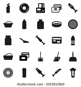 Flat vector icon set - scoop vector, foam basin, cleaning agent, blender, sieve, jar, credit card, water bottle, disk, filter