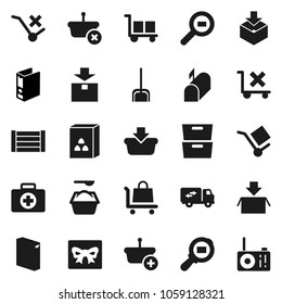 Flat vector icon set - scoop vector, washing powder, cereal, archive, binder, first aid kit, wood box, cargo, no trolley, package, search, relocation truck, mailbox, gift, basket, radio