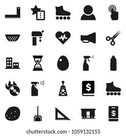Flat vector icon set - scoop vector, sprayer, colander, egg, potato, corner ruler, annual report, sand clock, roller Skates, water bottle, Railway carriage, music hit, antenna, loudspeaker, scissors