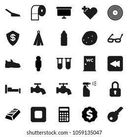 Flat vector icon set - scoop vector, water tap, sprayer, toilet paper, closet, towel, potato, glasses, gold ingot, calculator, man, presentation board, dollar medal, snickers, bottle, disk, backward