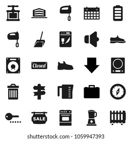 Flat vector icon set - scoop vector, trash bin, measuring cup, cook press, mixer, oven, compass, case, arrow down, snickers, calendar, signpost, speaker, battery, sale signboard, office building