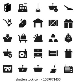 Flat vector icon set - scoop vector, cereal, pasta, archive, binder, wood box, no trolley, warehouse, package, radio, mailbox, gift, cashbox, basket