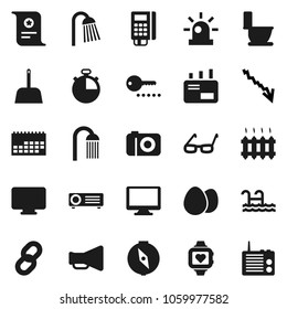 Flat vector icon set - scoop vector, toilet, shower, egg, glasses, compass, certificate, crisis, stopwatch, heart monitor, calendar, loudspeaker, chain, siren, pool, heating, card reader, mail