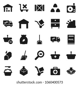 Flat vector icon set - scoop vector, washing powder, cereal, archive, first aid kit, wood box, cargo, no trolley, warehouse, package, search, radio, mailbox, relocation truck, cashbox, basket