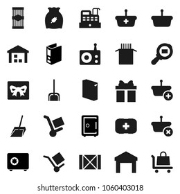 Flat vector icon set - scoop vector, washing powder, cereal, pasta, binder, safe, first aid kit, wood box, cargo, warehouse, search, radio, gift, cashbox, basket, trolley