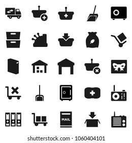 Flat vector icon set - scoop vector, washing powder, cereal, archive, binder, safe, first aid kit, cargo, no trolley, warehouse, mailbox, relocation truck, gift, cashbox, basket, package, radio