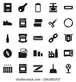 Flat vector icon set - scoop vector, cook press, microwave oven, oil, copybook, compass, dollar flag, measuring, snickers, hoop, document, sorting, battery, hdmi, scissors, chain, crib, heating, fan