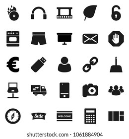 Flat vector icon set - scoop vector, welcome mat, calculator, compass, leaf, presentation board, euro sign, shorts, film frame, music hit, camera, mobile phone, headphones, link, group, mail, unlock